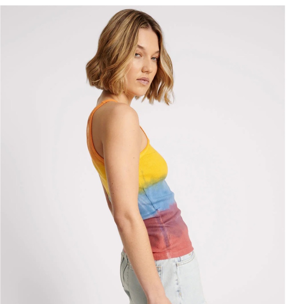 One Teaspoon Tie Dye SUNSET STRIPE RIB SINGLET Bower Bird Logo Small - Picture 15 of 16
